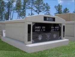 Side-by-side deluxe mausoleum with granite inlays in the columns in Mechanicsburg, IN