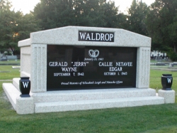 Side-by-side deluxe mausoleum with fluted columns, vases on pedestals, step-up trim pieces in Tuscaloosa, AL