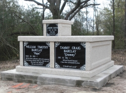 Side-by-side basic mausoleum with an infant mausoleum attached on top on a foundation/slab in Magnolia, MS